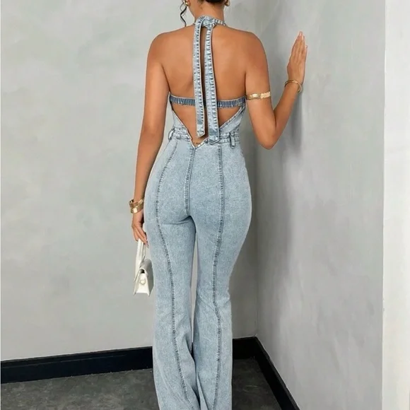 SHEIN Light Wash Backless Denim Halter Jumpsuit - Picture 2 of 4